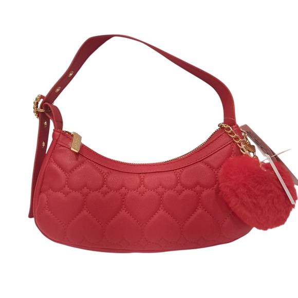 Betsey Johnson Red Flap Shoulder Bag Gold Accents With Side Heart Tassel - Picture 3 of 9